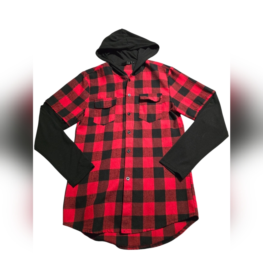 Plaid Longsleeve Button Up with Hood, Size S